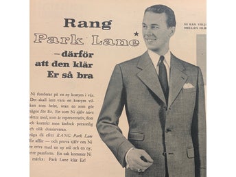 Retro-annons ”Kostymen RANG – Herrkonfektionens kvalitetsmärke” från 1953