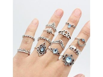13-Pack Vintage Silver Ringar - Olika Former & Mönster