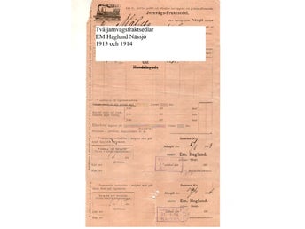Järnvägsfraktsedel EM Haglund Nässjö t handlaren i Målilla den 5 nov 1913 2 st
