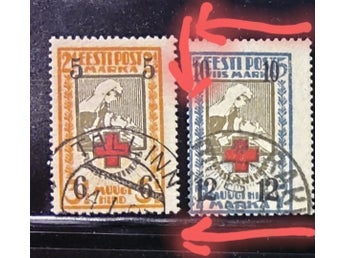 Estland 1926 Röda Korset 2 värden med övertryck ERROR starkt förskjuten