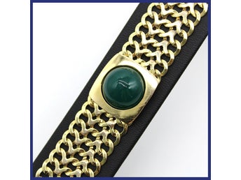 Armband, 18K guld, fiskben, grön cabochonslipad sten (35,67g, längd 18,5cm)