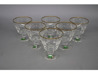 6st vintage coupéglas med etsad dekor & guldkant , Samuelssons Kosta