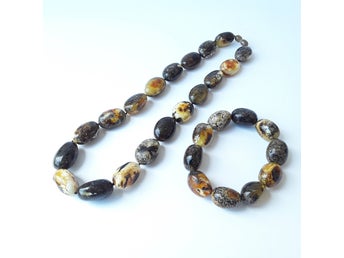 Baltic amber jewelry set Black chunky oval amber stone necklace and bracelet set