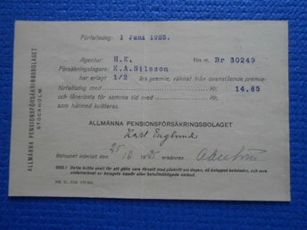 Betalningskvittens Allmänna Pensionsförsäkringsbolaget 1925