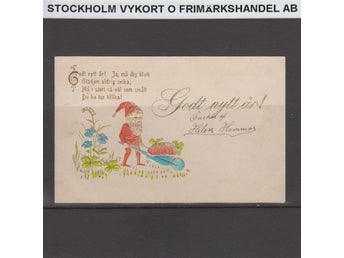 Gott Nytt år - Tomte med skottkärra, 4-klöver, guld och relief