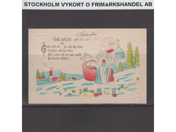 Gott Nytt år - Tomte med pengasäck, spann äpple och julgris, guld och relief