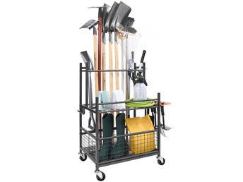 Garden Tool Organizer, 16 Slots with Hooks, Yard Tool Tower Rack with Wheels