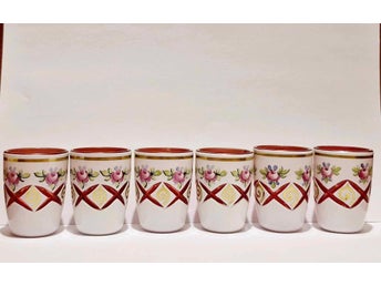 6 st. kopp, Böhmen, glas, vitt och rött dubbelglas,snapsglas,handgjord, 1900-tal