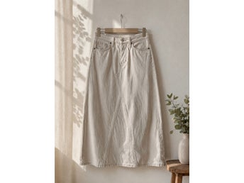 H&M kjol maxi midi skirt jeanskjol lång retro vintage trend offwhite denim