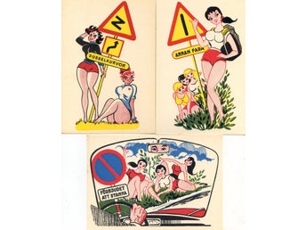 Trafikhumor 6tecknade kort Trafikmärken och kurviga damer 1950-60tal