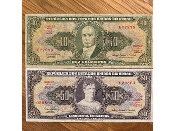 Två brasilianska sedlar: 10 och 50 Cruzeiros 1966, 67
