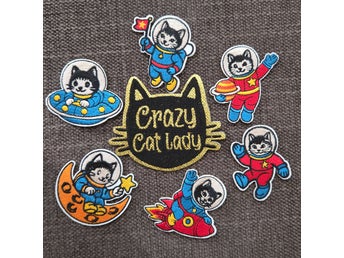 7st Tygmärken strykapå patch laglapp med kattmotiv - Crazy Cat Lady och astronau
