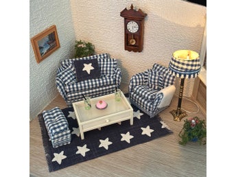 Unik Retro soffgrupp med bord och golvlampa till Lerro / Lundby dockskåp