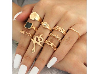 9-Pack Vintage guld Ringar - Zinc Alloy - Olika Former & Mönster