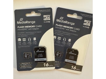 2 st Minneskort 16 GB Micro SDHC MediaRange inkl SD-adapter