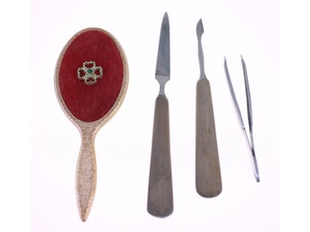 Vintage Manicure Set with Mirror, Nail File, Cuticle Pusher, and Tweezers-1950s
