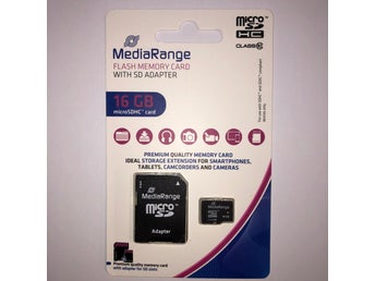 Minneskort 16 GB Micro SDHC MediaRange inkl SD-adapter