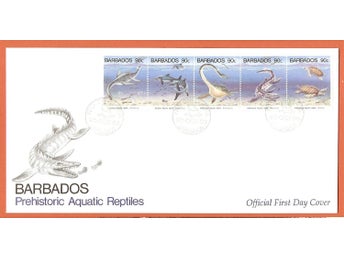 Barbados FDC Förhistoriska havsreptiler 23.10.93 vinjett