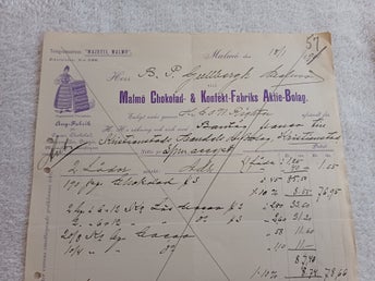 Antika fakturor Malmö Choklad & konfektfabrik AB / Mazetti 1901