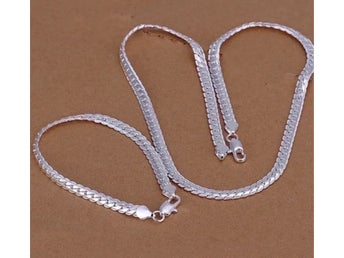 HELT NYTT! Halsband och armband pläterad med äkta silver 925, ca 45/20 cm, 6 mm