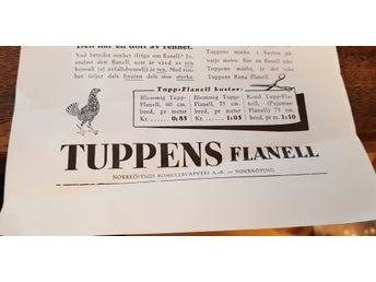 Reklam f Tuppens Flanell från Norrköpings Bomullsväfveri A.B. från tidigt 30-tal