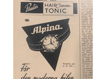 Retro-annons ”Armbandsuret Alpina - För den moderna bilen” från 1953