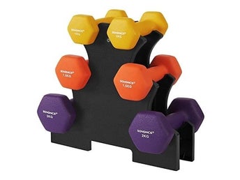 Songmics Hex hantel set med stativ, 2 x 1 kg, 2 x 1,5 kg, 2 x 2 kg, SYL69BK