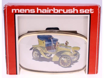 Vintage mens hairbush-plastic bristles-1908 De Dion Bouton car motif-circa 1970s