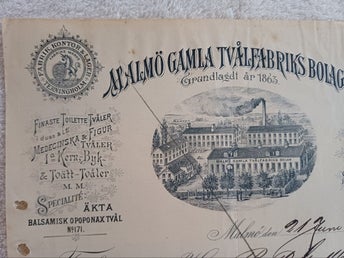 Antika fakturor Malmö gamla tvålfabriks bolag 1901