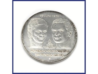 Mynt, 925 silver, Carl XVI Gustaf och Drottning Silvia, 1976, 50kr (vikt 27g)