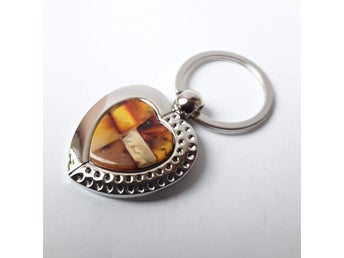 Baltic amber Heart nyckelkedja Rostfritt stål och ädelsten bärnsten mosaik nyckelring