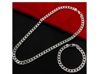 Helt Nytt: Halsband, Armband, pläterad med äkta silver 925, 50 cm/20 cm, 6 mm