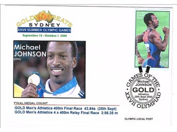 OLYMPISKA SPELEN 2000: Michael Johnson 25/9 + First Day of Issue 1999