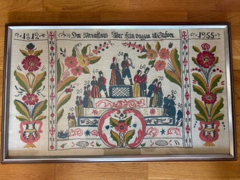 Broderad tavla . Från vaggan till graven.