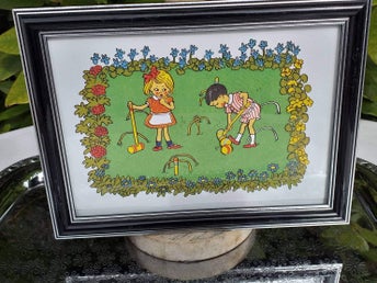 Pippi tavla Tommy & Annika spelar Cricket inramad inglasad Utmärk tskick