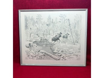 HARALD WIBERG. Två älgar i tallskog. Litografi, provtryck, signerad.