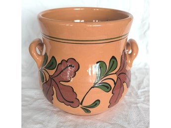 MHV ungersk terrakotta handmålad hänkelvas blommönster, folkkonst, vintage
