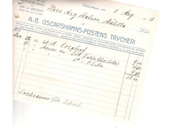 Faktura fr Oscarhamns-Postens Tryckeri 8 aug 1912 till Nelson Målilla Oskarshamn