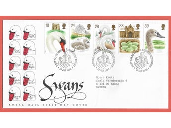 England FDC Svanar 19.1.1993 vinjett