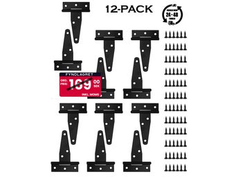 12-pack svarta T-gångjärn med skruv | 7,5 x 6,5 cm