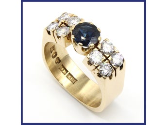 Ring, 18K guld, safir, naturliga diamanter (1,51ctv, stl 16,6mm)