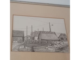 Teckning, landsbygd, bondgårdsidyll
