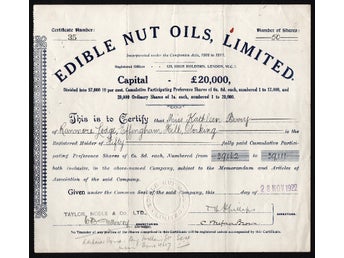 1922 London, England: Edible Nut Oils, Limited