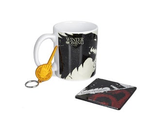 GAME OF THRONES STARK TARGARYEN MUGG UNDERLÄGG & NYCKELRING GÅVOSET Merch