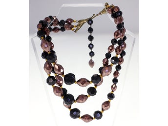 Vintage black and brown plastic bead triple strand necklace-circa 1970s-68g
