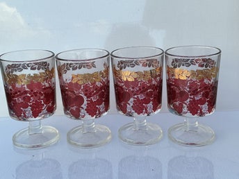 Vintage Luminarc France Cordial Shot Glasses Gold & Red Grape Leaf Design