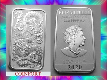 1 $ AUSTRALIEN 2020 1OZ AG REKTANGULÄRT SILVERDRAKMYNT 999 LÄGSTA MYNTNING 1 OZ