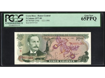 1977-89 Costa Rica, 5 Colones, 12.5.1981, Pick-236d, PCGS 65 PPQ Gem New