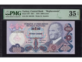 Turkiet 1000 Lira 1970 ( !!! RARE Z91 !!! ) UNC Uncirculated. 35 PMG