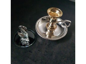 Nattljusstake i silver och guld med handtag + glassvan på spegelplatta.